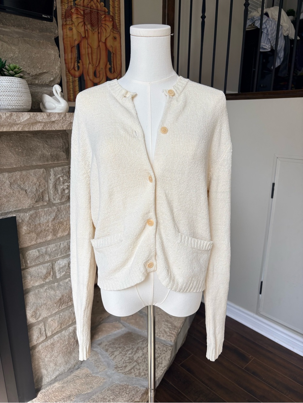 J. Crew Cream/Ivory Cotton Bouclé Knit Button Front Cardigan Sweater M